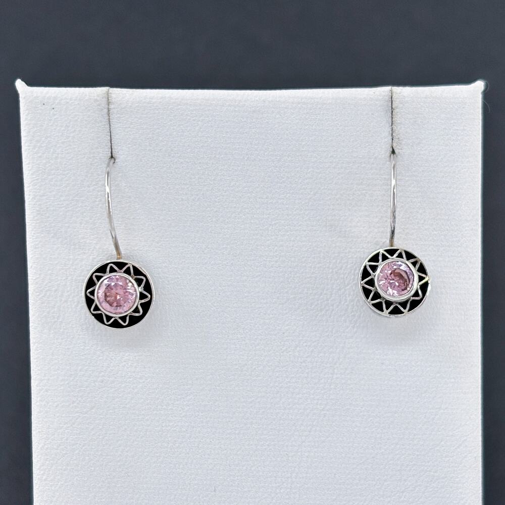 Vintage Sterling Silver 925 Pink Cubic Zirconia Geometric Drop Earrings